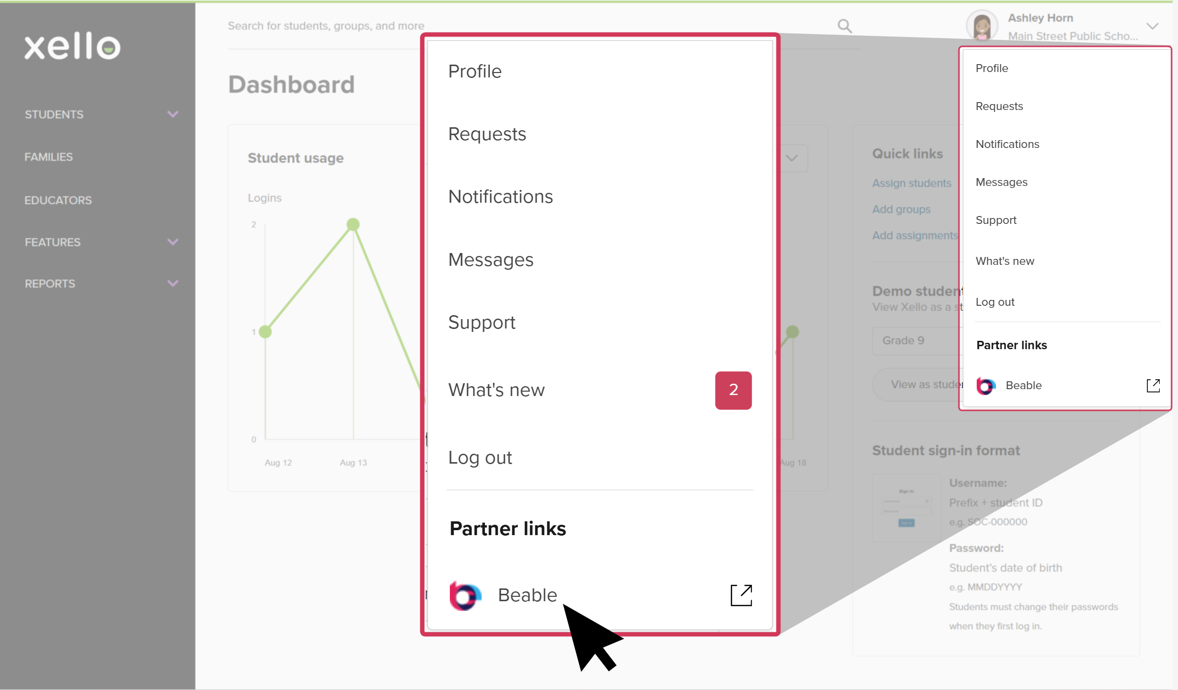 Educator account in Xello with the avatar menu open and the cursor clicking Beable under Partner Links.